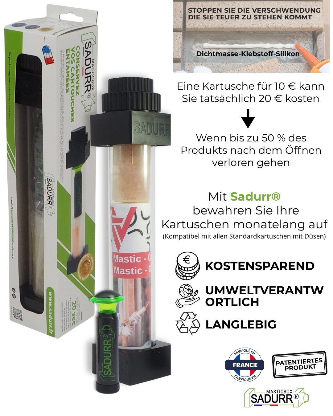 Aufbewahrungsbox für Dichtstoff, Silikon und Klebstoffkartuschen Sadurr®, die Verschwendung verhindert und Kosten spart