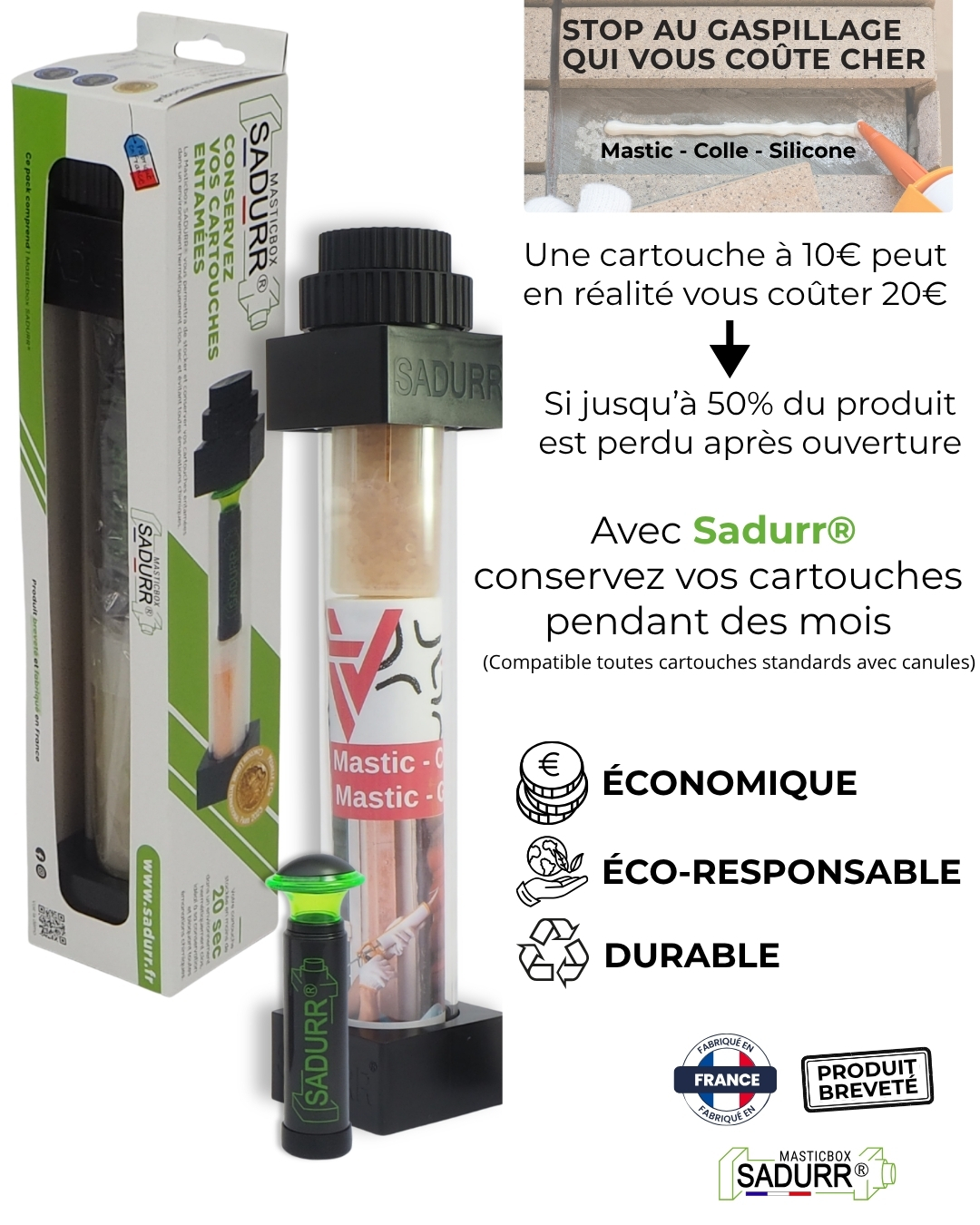 Boîte de conservation pour cartouches de mastic, silicone et colle Sadurr® permettant d’éviter le gaspillage et d’économiser sur vos consommables