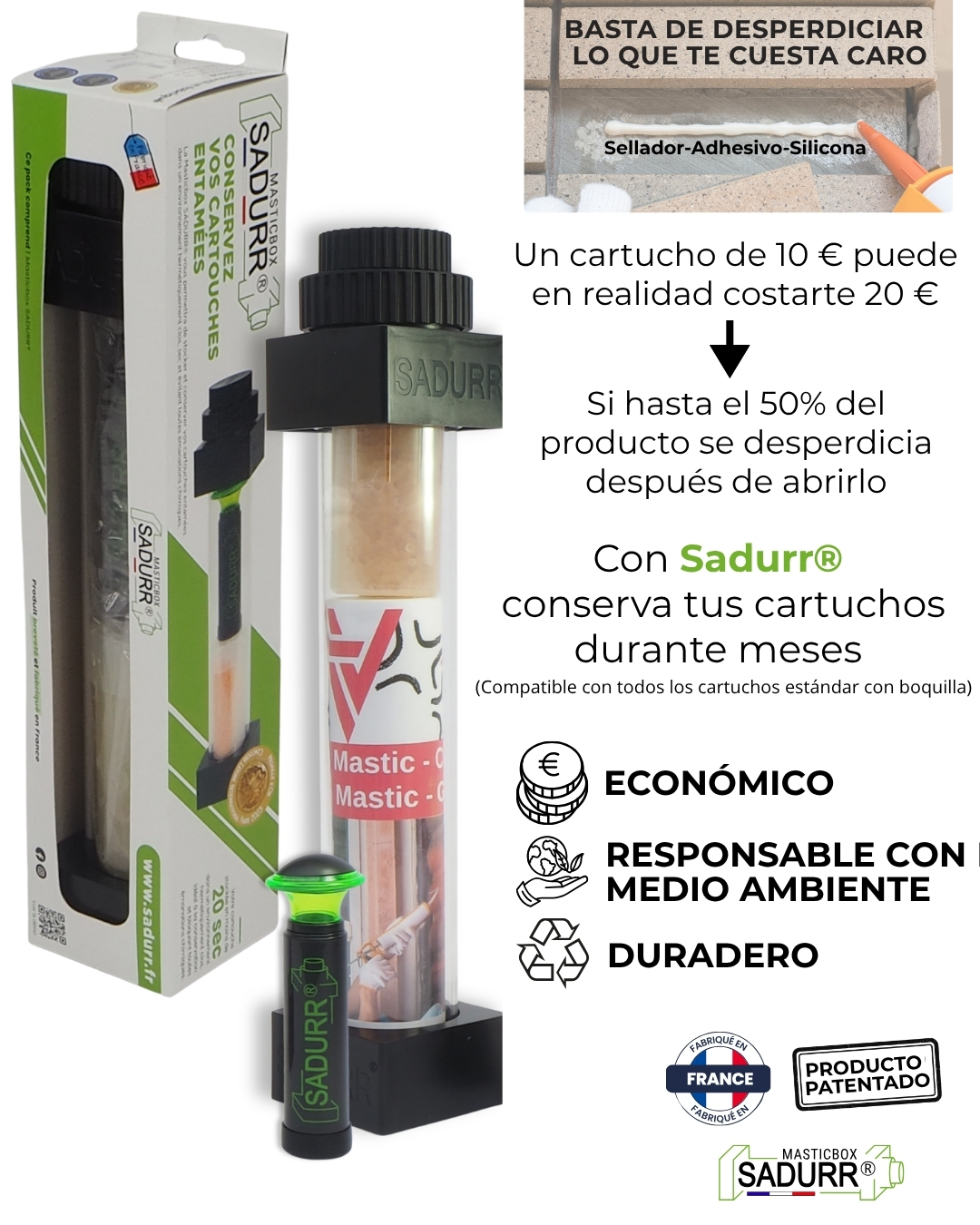 Caja de conservación para cartuchos de sellador, silicona y adhesivo Sadurr® que evita el desperdicio y permite ahorrar en consumibles