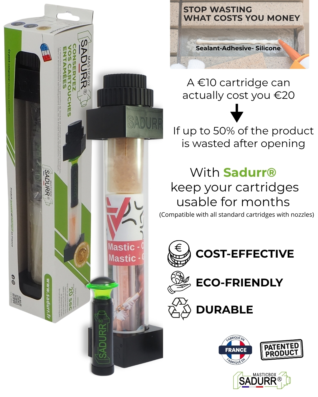 Storage box for sealant, silicone and adhesive cartridges Sadurr® designed to prevent waste and save on consumables